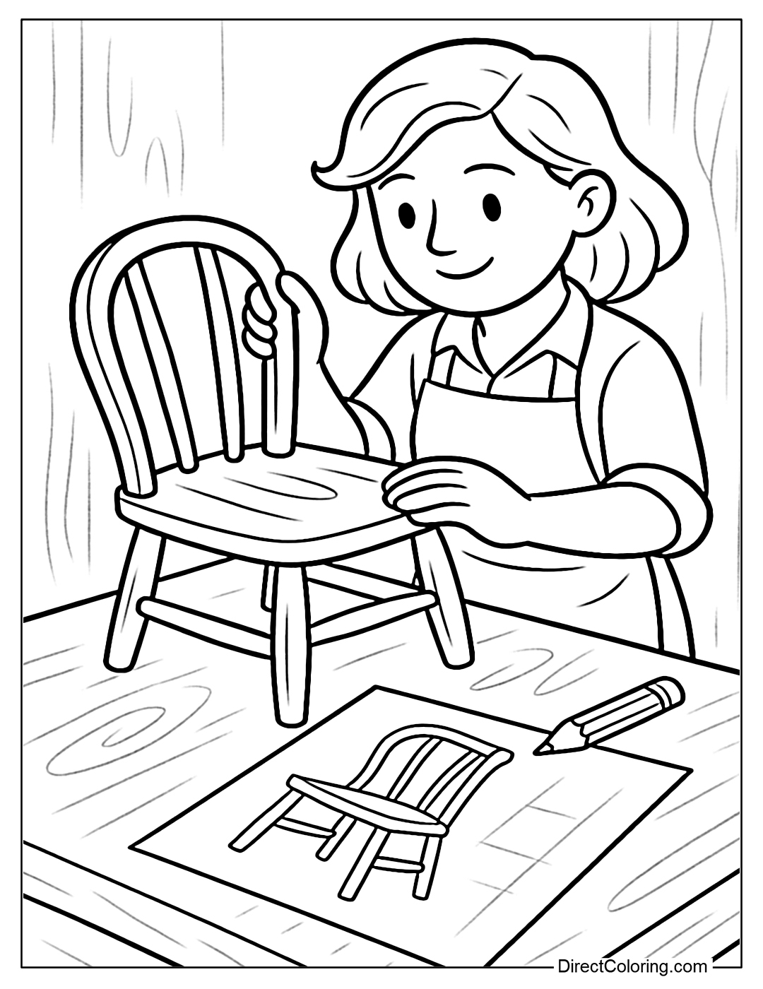 Craftsman Crafting a Custom Chair Coloring Page, with blueprints on the table.